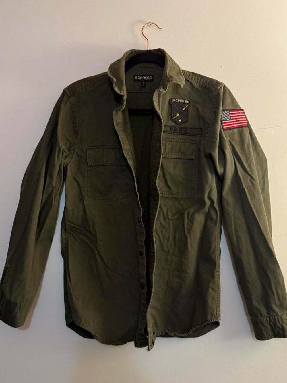 Express Olive Green Military-Style Jacket with Flag Patch